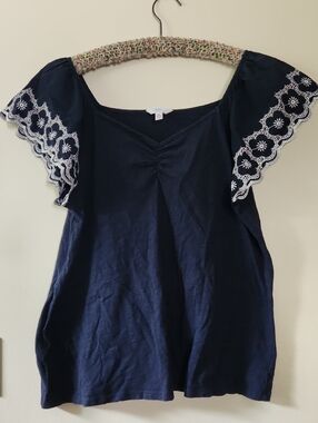 Time and Tru Navy Top with White Embroidered Flutter Sleeves